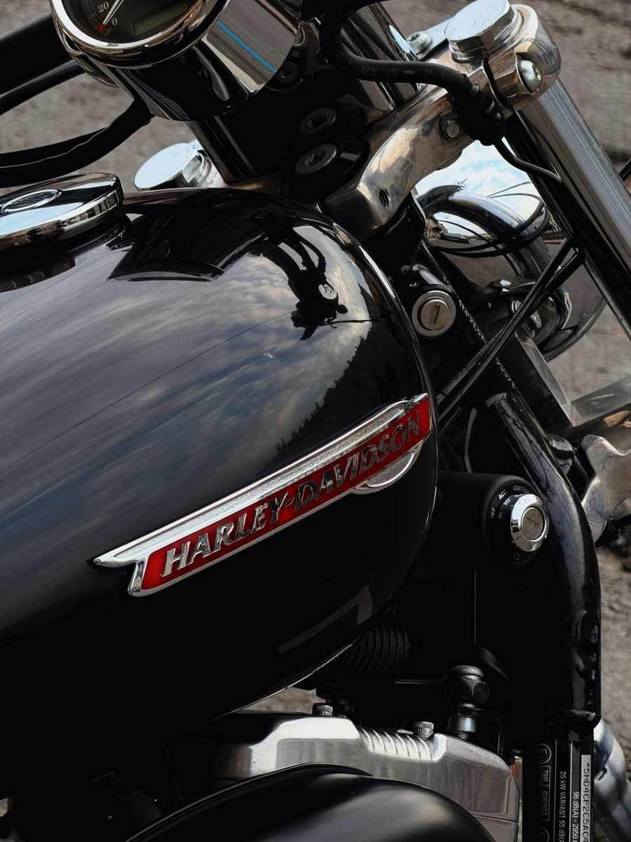 Close-up of a black Harley-Davidson fuel tank with chrome badge